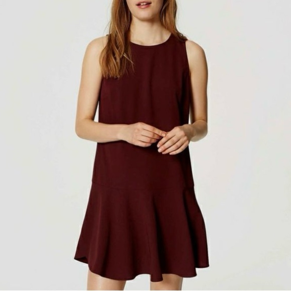 LOFT Burgundy Plum Pleated Drop Waist Shift Coquette Dress Size 10P Petite